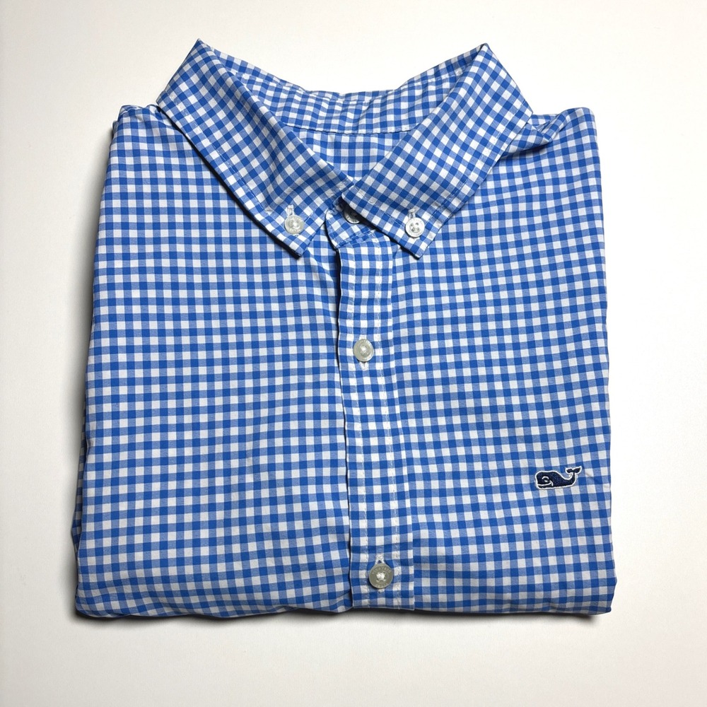 Vineyard Vines Performance Button Down Shirt Boys XL 18 Blue Gingham Check Whale - Picture 2 of 8